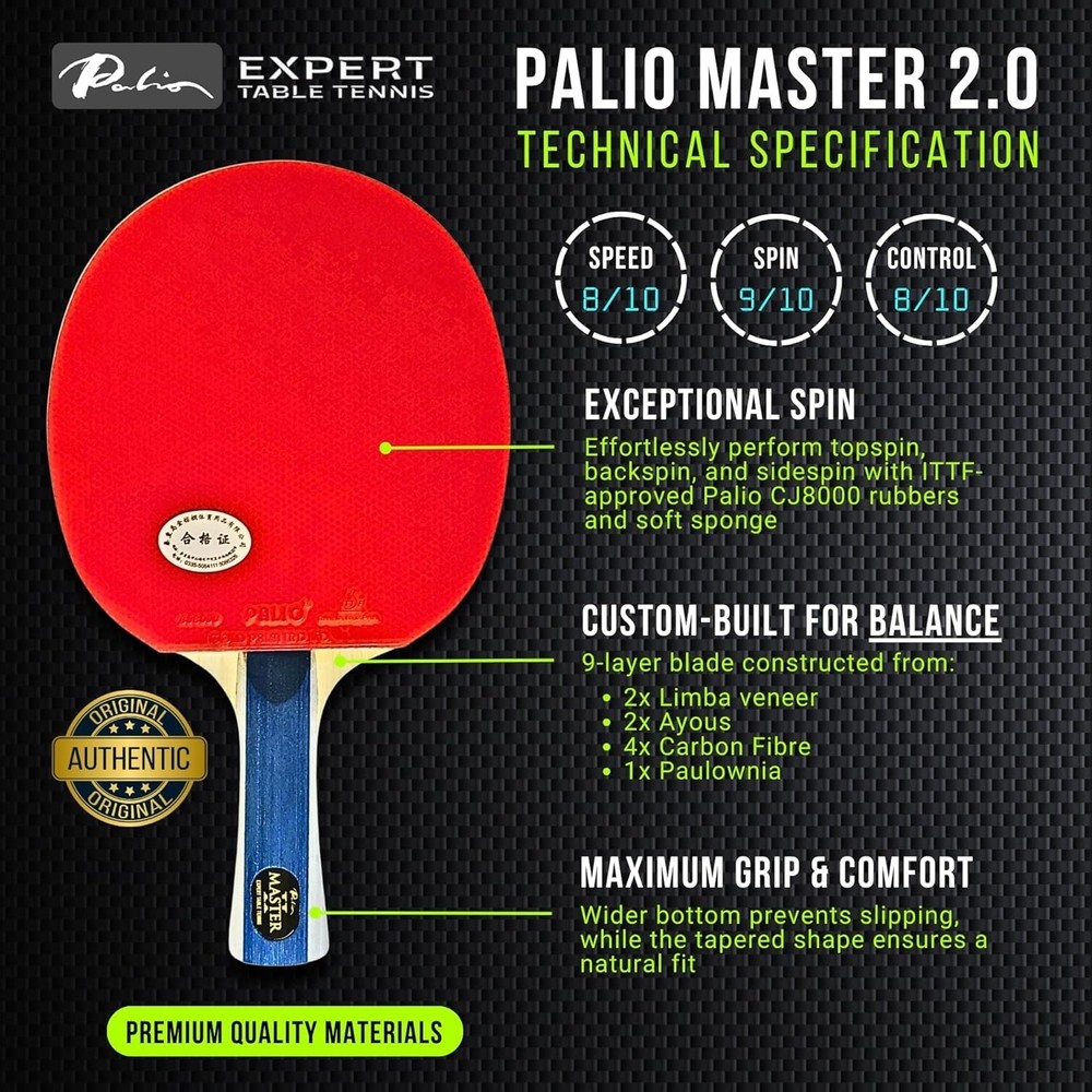 Palio Expert Table Tennis Racket & Case | ITTF-Approved Ergonomic Flared Handle