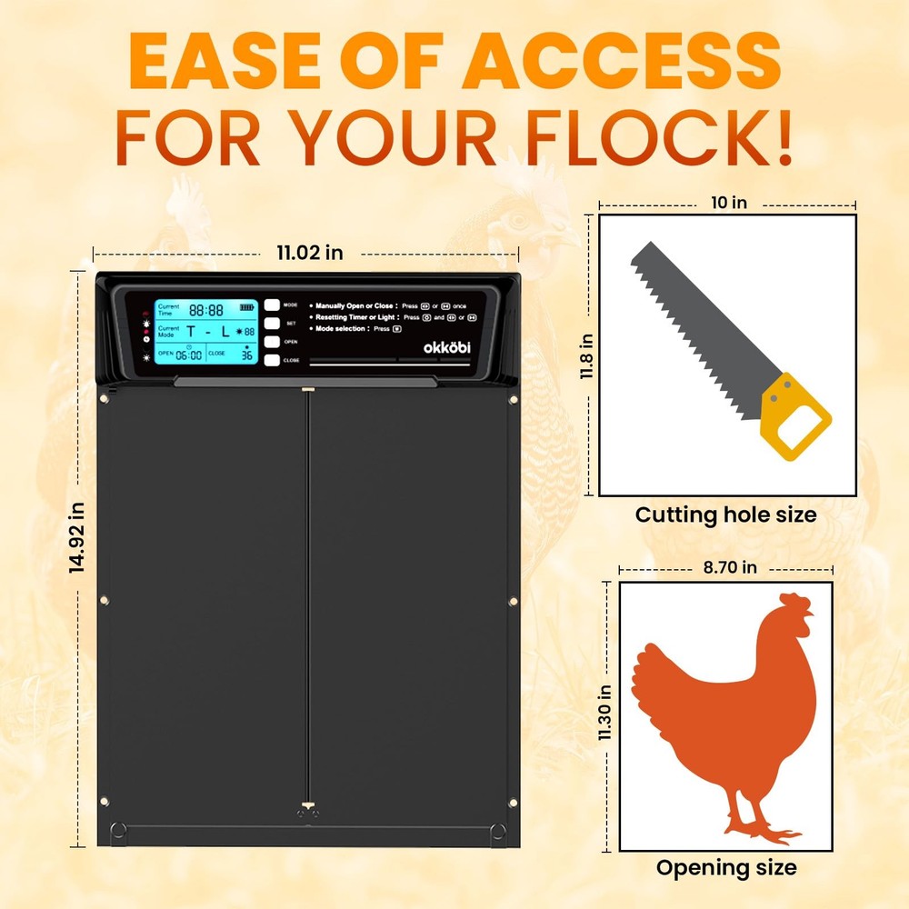 Extra Large Automatic Chicken Coop Door Solar Powered with Remote - LCD Displ...