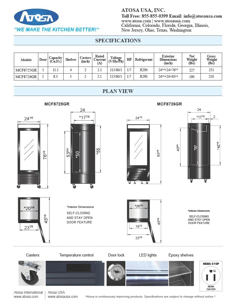 Atosa MCF8726GR, 1 GLASS Door REFRIGERATOR WITH 5 YEARS PARTS & LABOR!!!
