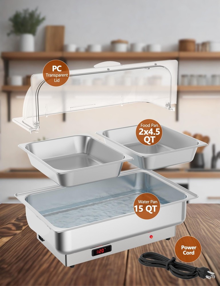 2 Pack Half-Size Electric Chafing Dish Set - Temperature Control Buffet 2x4.5QT
