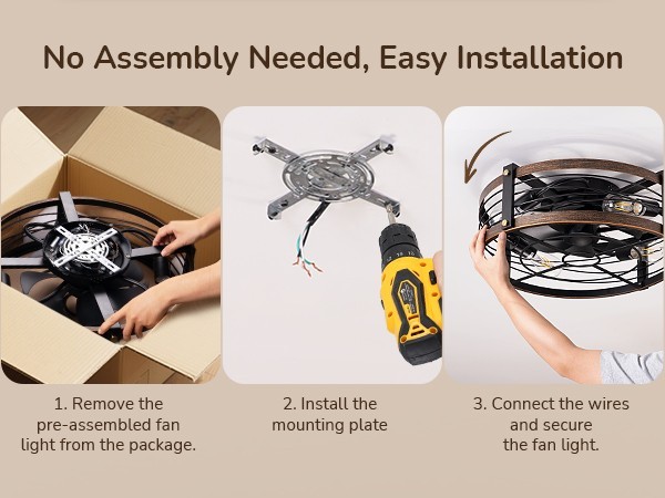 EDISHINE Pre-Assembled Ceiling Fan with Light & Remote 21" Flush Mount Farmhouse