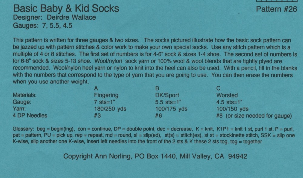 Ann Norling KNITTING PATTERN 26 Basic Baby & Kid Socks - 3 gauges