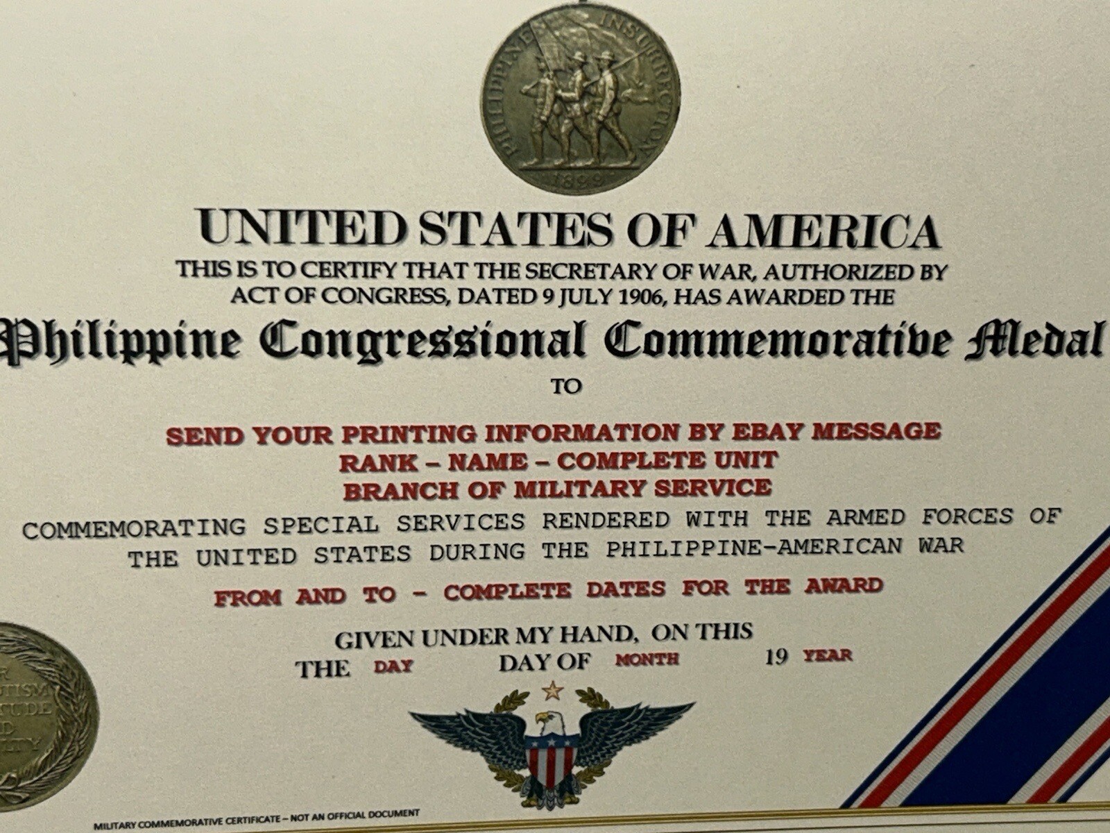 PHILIPPINE CONGRESS COMMEMORATIVE MEDAL CERTIFICATE ~ W/PRINTING TYPE-1