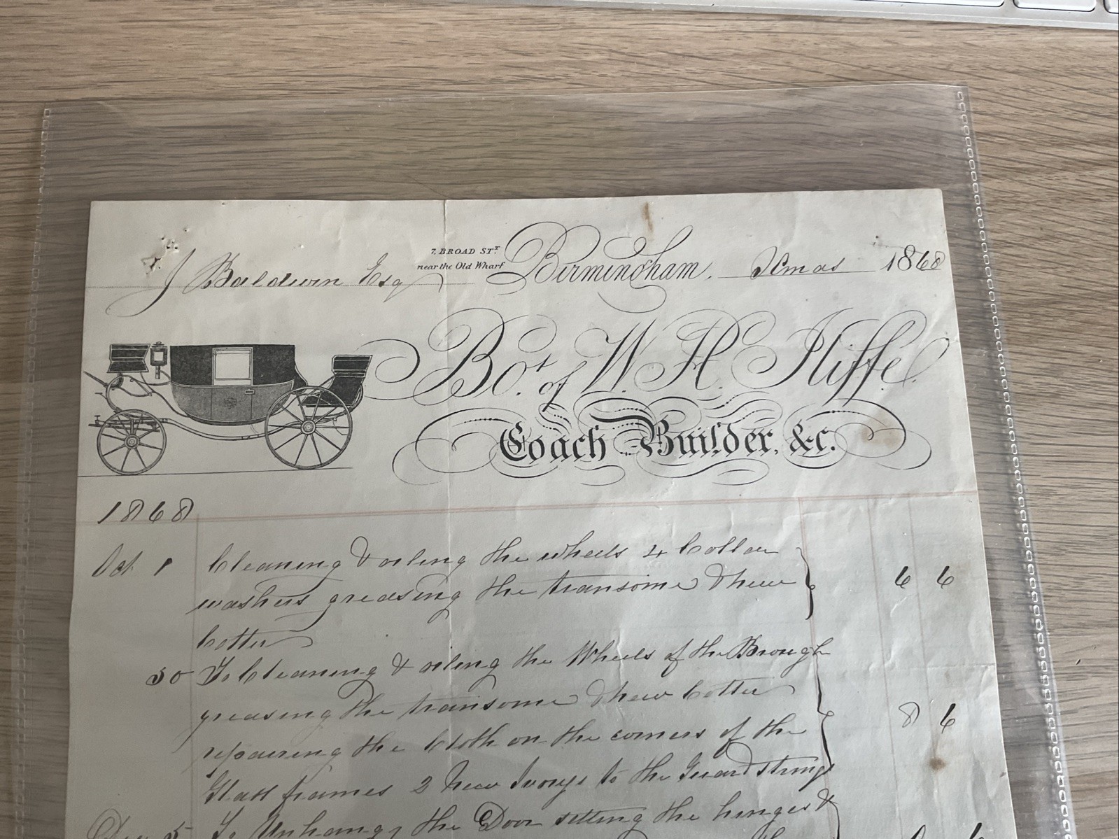 INTERESTING 1868 INVOICE FROM A COACH BUILDER IN BROAD STREET, BIRMINGHAM. LOOK!