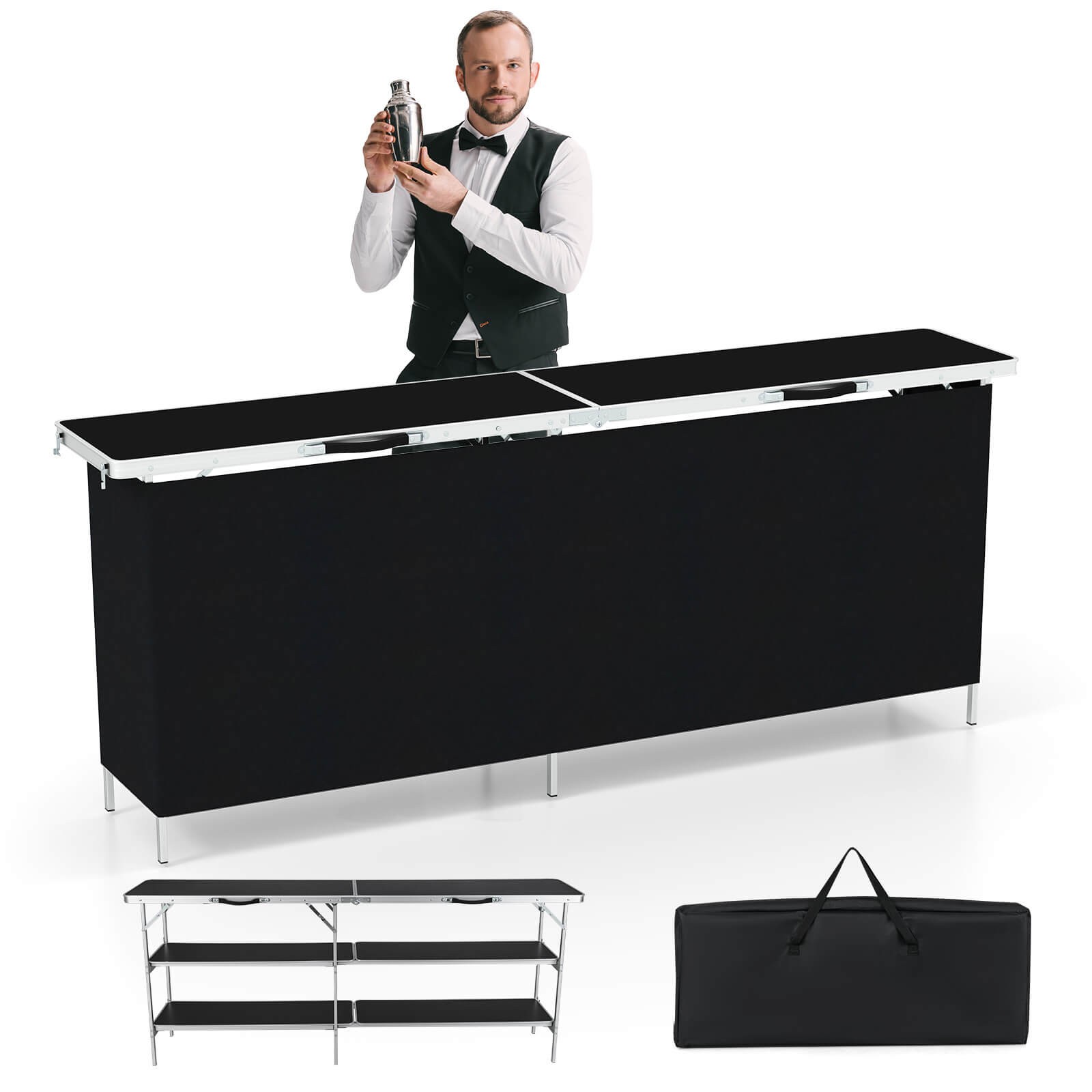 Portable Bar Table Folding Camping Table w/ Aluminum Alloy Frame 2-Tier Shelves