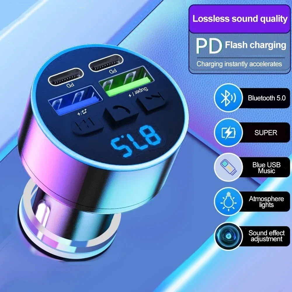 66W Bluetooth 5.0 FM Transmitter Car Phone Charger USB Cigarette Lighter Car