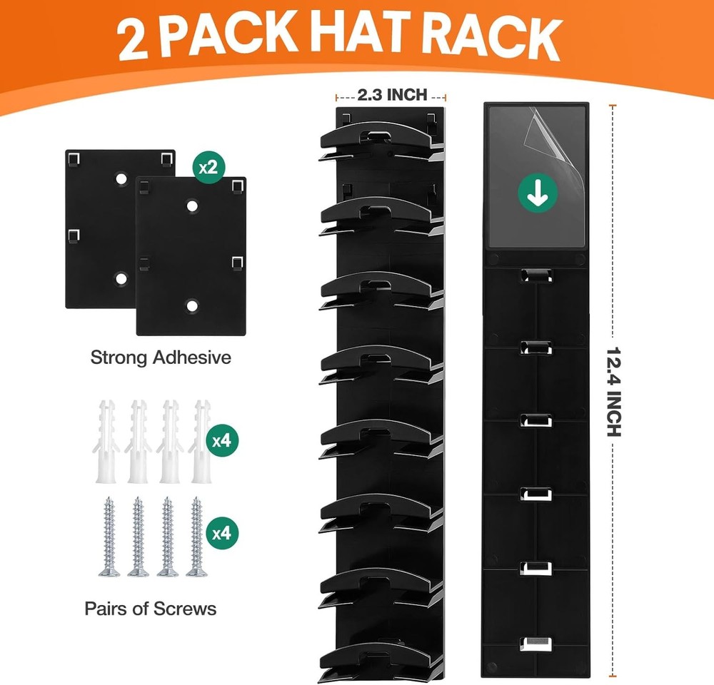 2 Pack Hat Organizer for Baseball Caps, Rack Wall with Strong Black