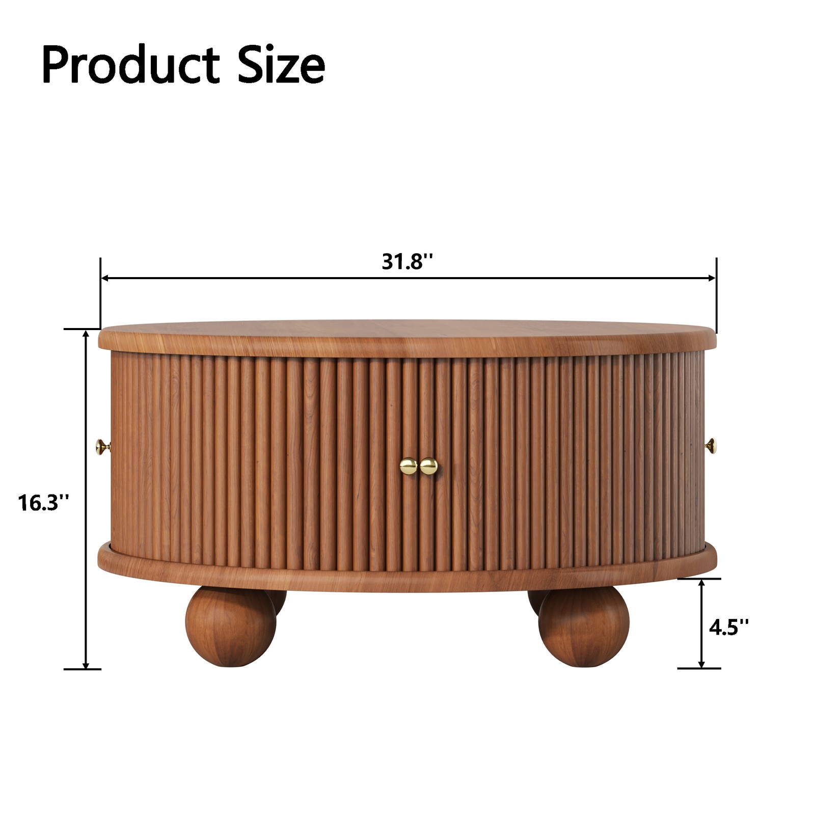 Round Fluted Coffee Table with Storage Pine Solid Wood Sliding Door Walnut Color