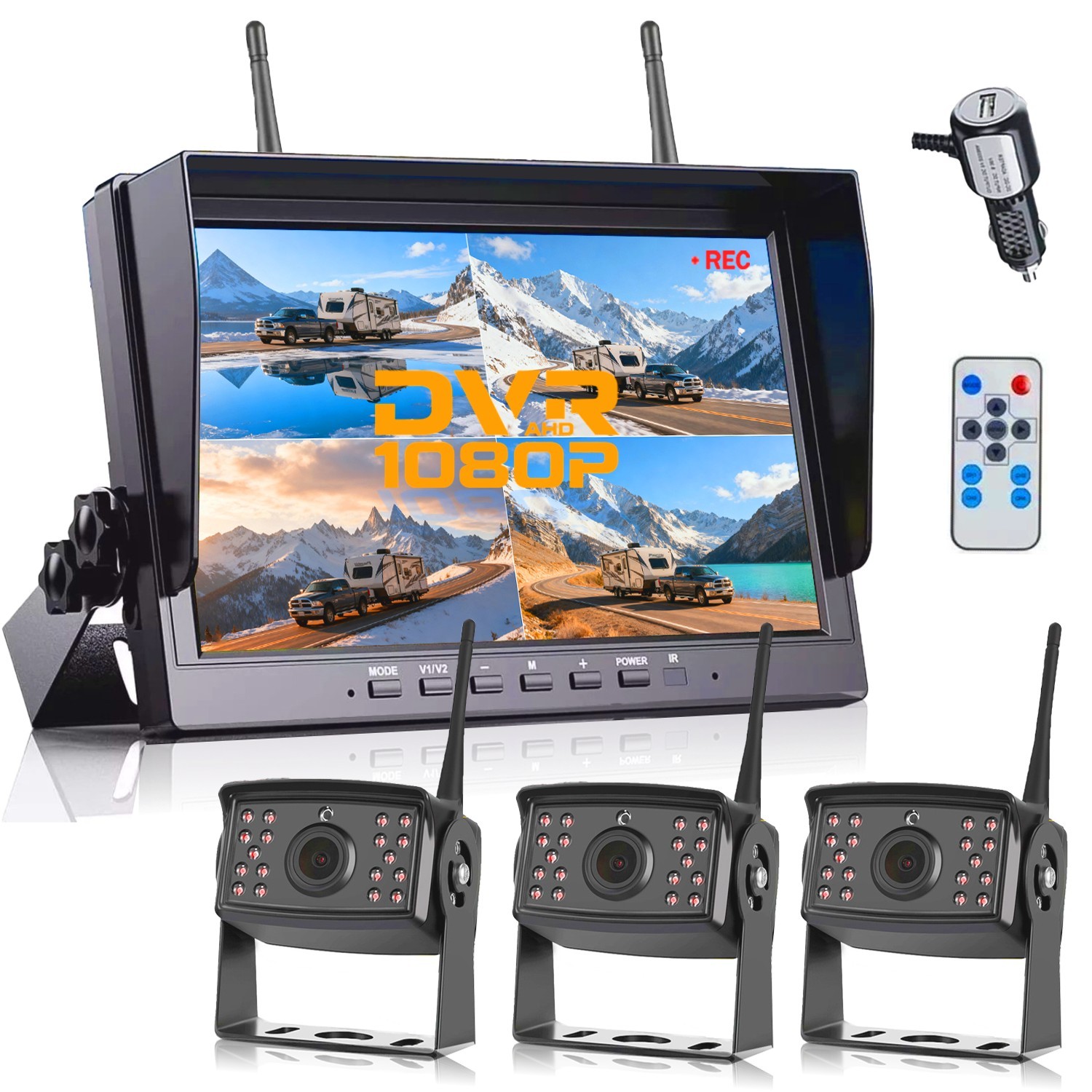 Wireless Truck RV 3x AHD 1080P Backup Camera + 10" QUAD Monitor DVR for Trailer