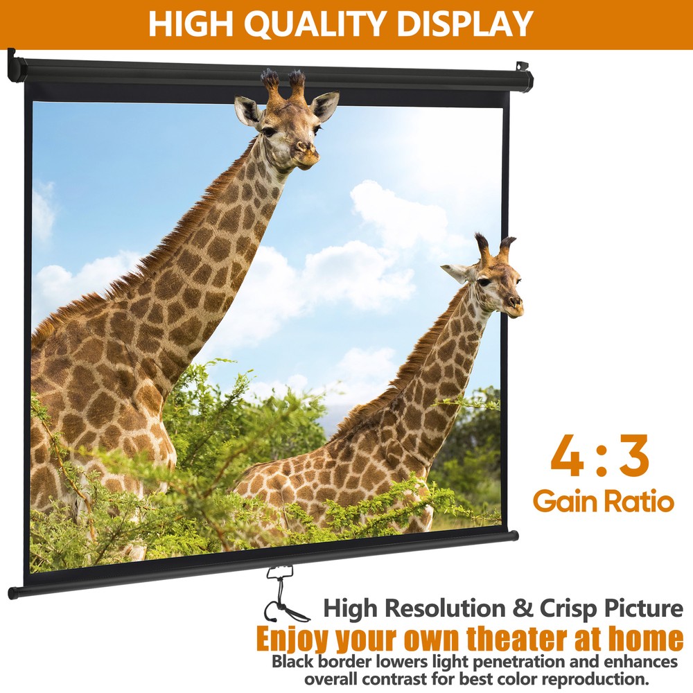 72 Inch Manual Projection Screen Pull Down 4:3 HD Projector 4K Widescreen Black