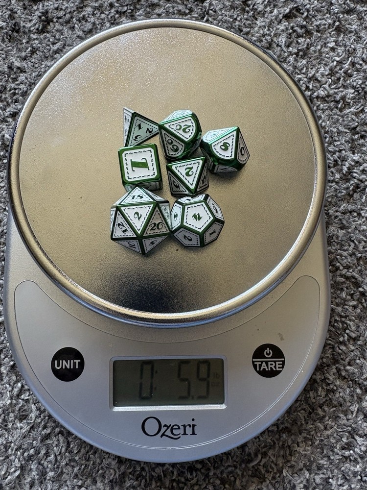 7 Pc Polyhedral Metal Dice Green & White