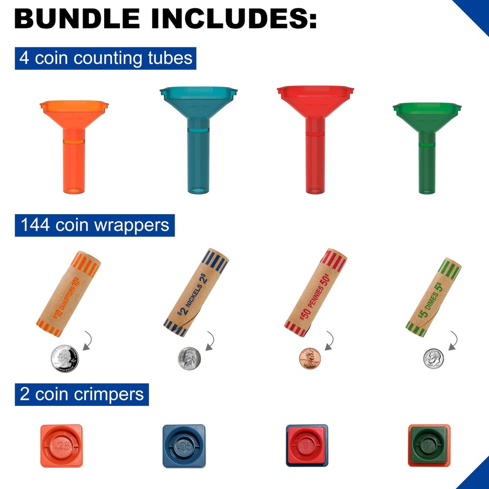 144 PCS Assorted Preformed Coin Wrapper Rolls Color Coded Tubes Tool