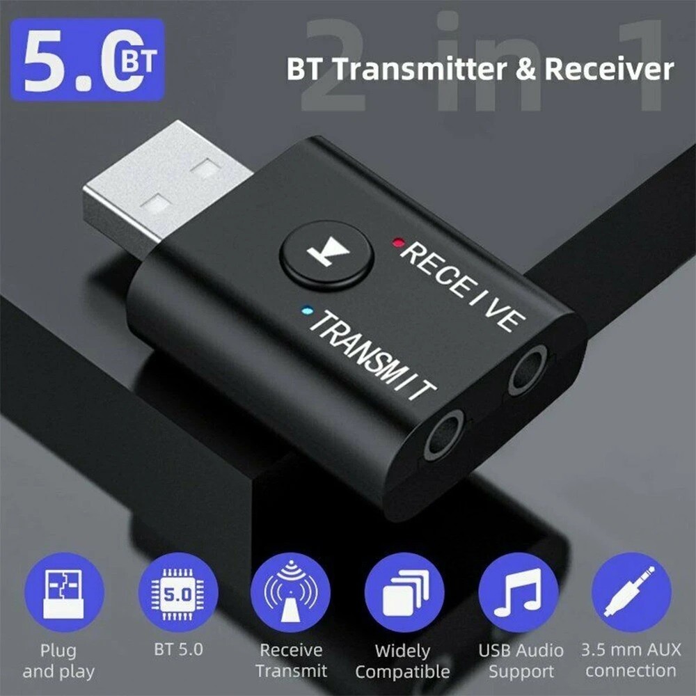 2in1 Bluetooth 5.0 USB Audio Transmitter Receiver Adapter Wireless for Car TV PC