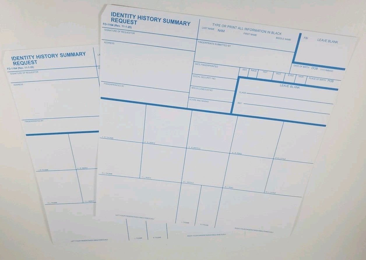 2 Pack FD-1164 Fingerprint Cards for FBI Background Check / Identity Summary (2)