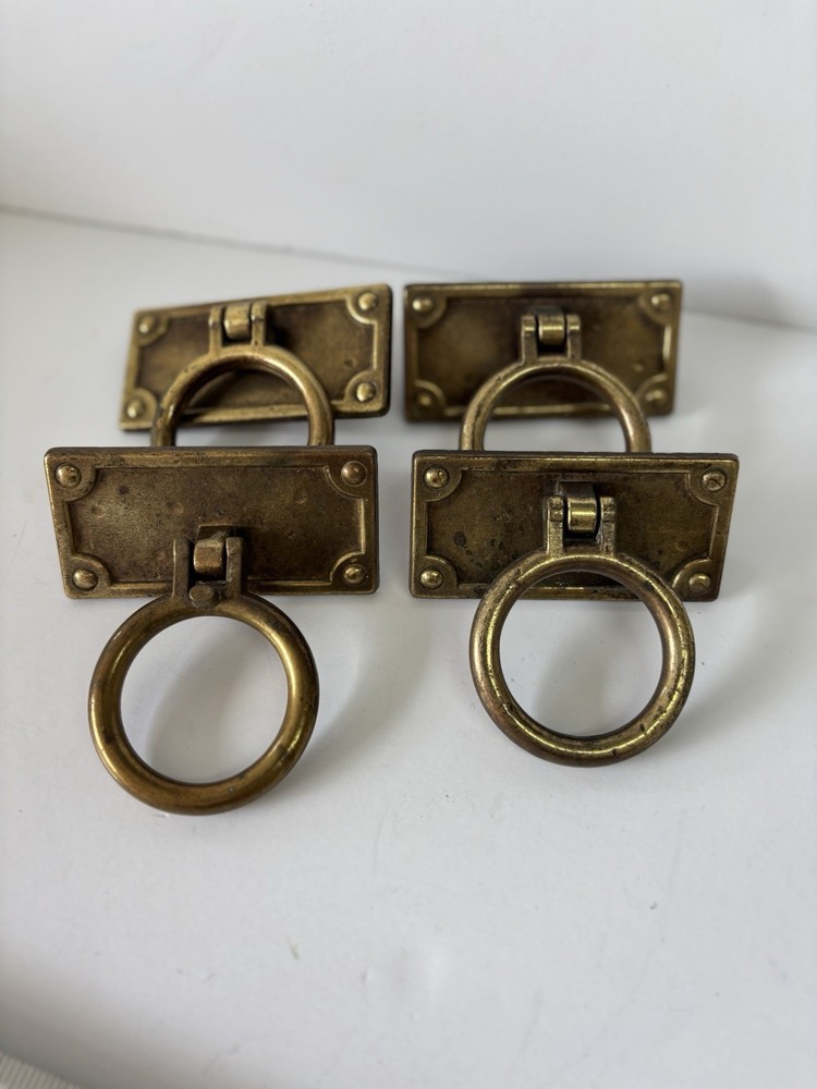 4 Salvage Rectangle Brass Drop Large Ring Double Screw Drawer Pulls 3.75"