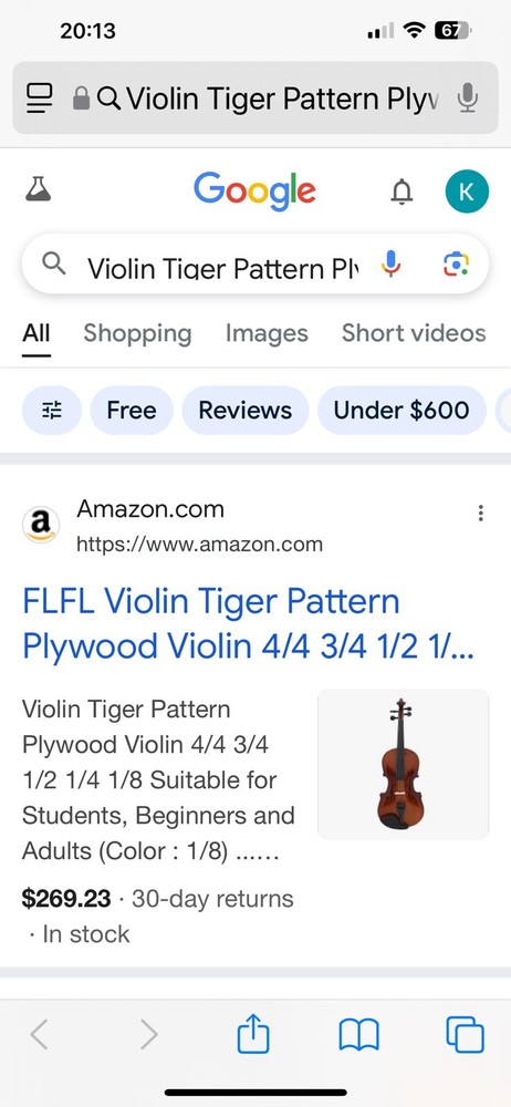 1/8 Full Size Solid wood 4 String Violin Kit Tiger Pattern With Case Portable