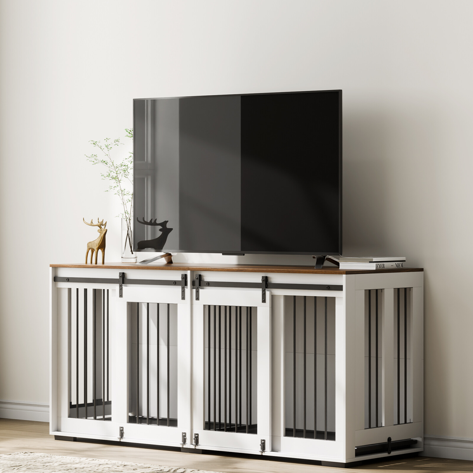 Dog Crate Furniture 72 in Indoor Wooden Dog Kennel with Tray Heavy Duty