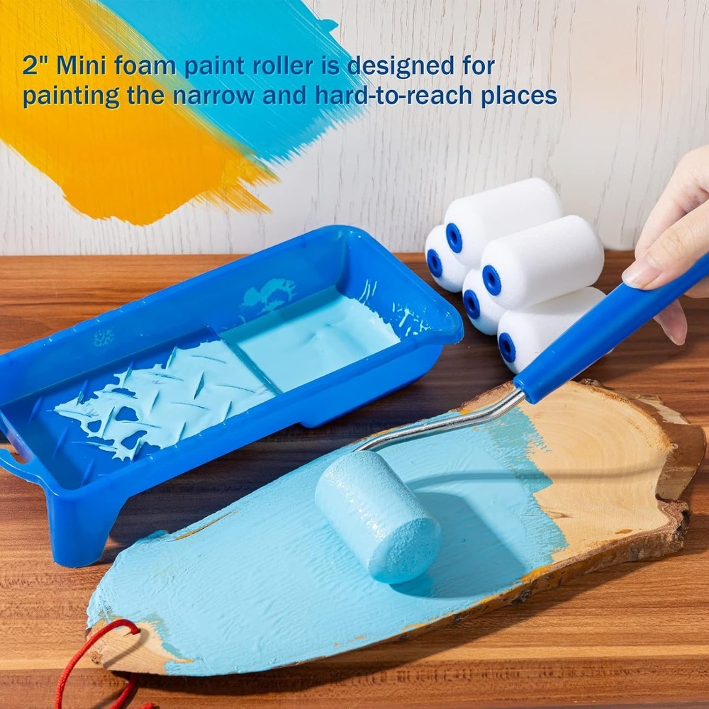 Complete 10 Pack Mini Paint Roller Kit: 2 Inch Foam Rollers with Tray and Liners