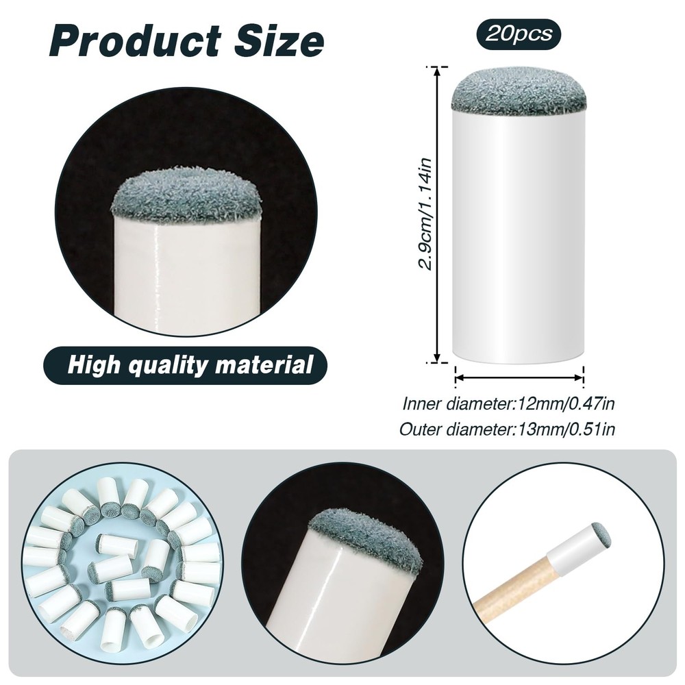 13mm Billiard Pool Cue Tips - 20 Pack Slip-On Replacement Set