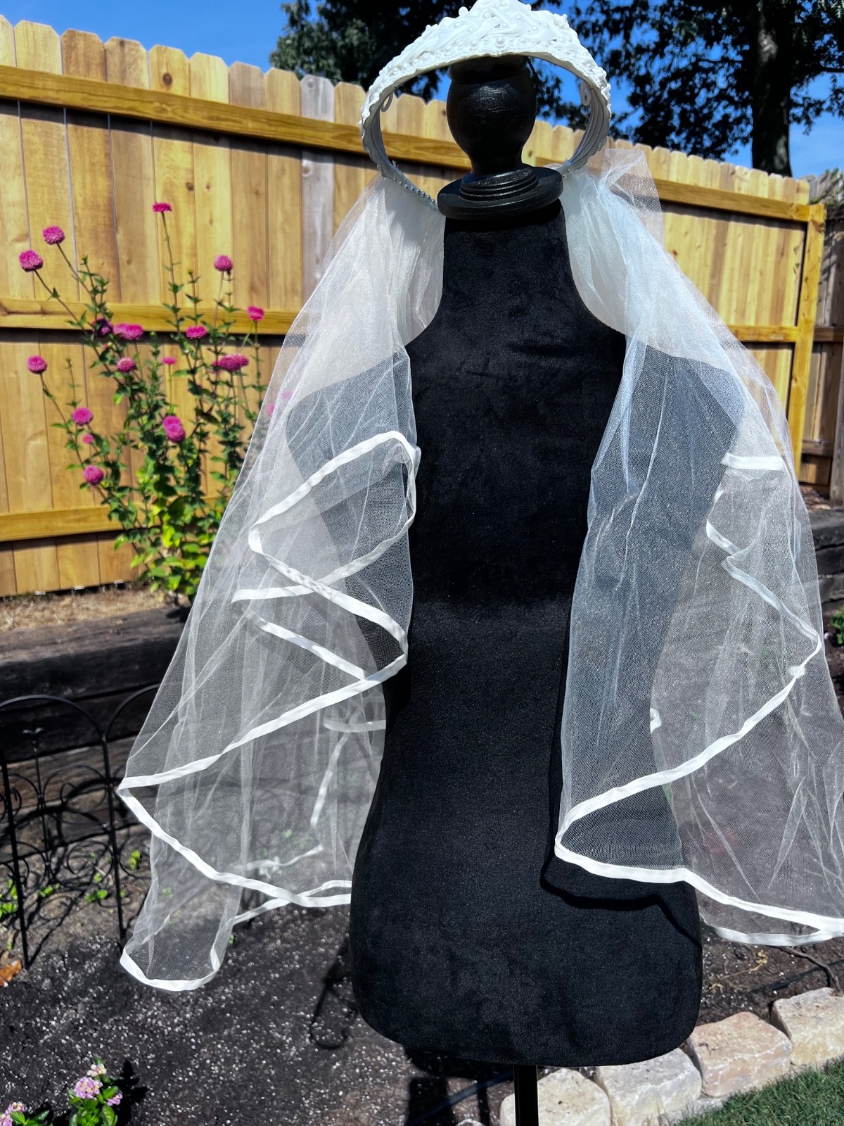 Vintage White Wedding Veil With Pearl & Beaded Headband Double Layer Satin Edge