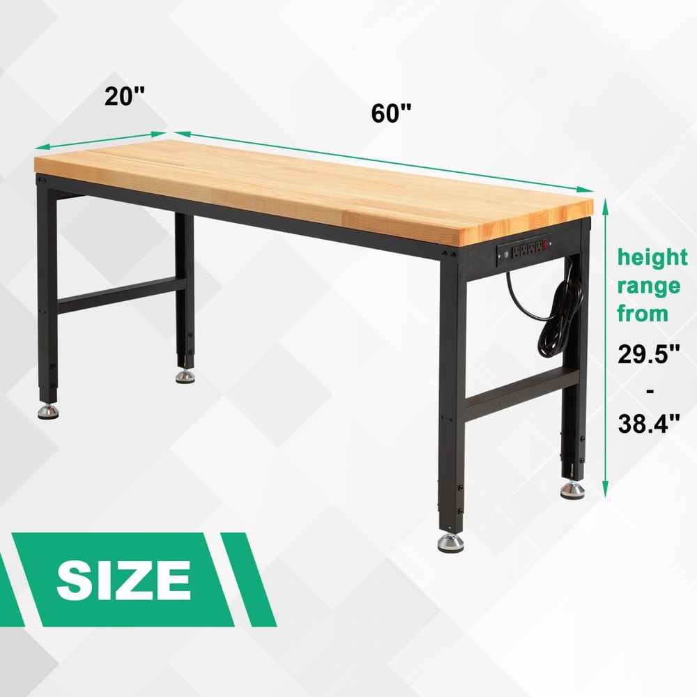 HABUTWAY Height Adjustable Workbench, 60"x20" 2000 Lbs Capacity Solid Wood Work