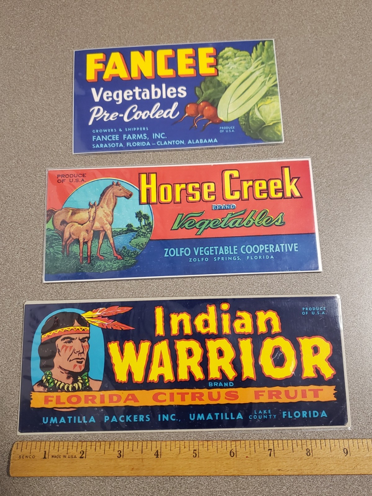 (3) Florida vintage Lables* Fancee* Horse Creek* Indian Warrior