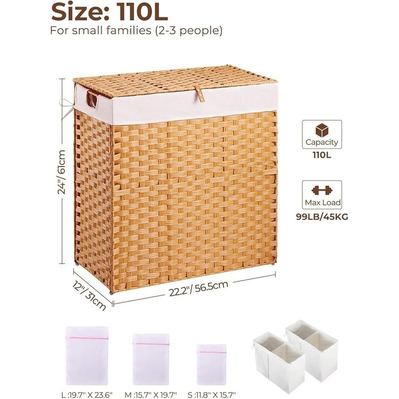 Handwoven Laundry Hamper Waterproof Removable Liner Divided Design Large Storage