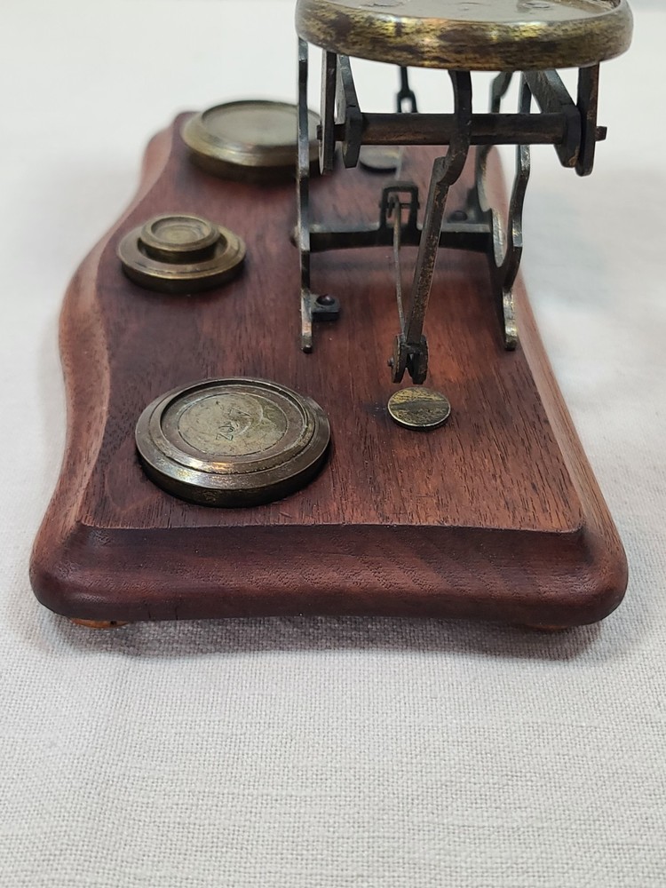 Antique Postal Scale Brass W/Walnut Base and Weights