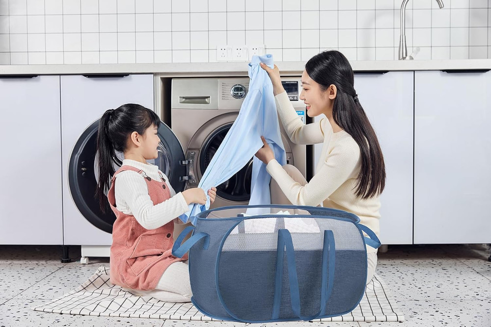 Pop-Up Laundry Basket，With Durable Handles Collapsible Mesh Laundry Hamper,Easy