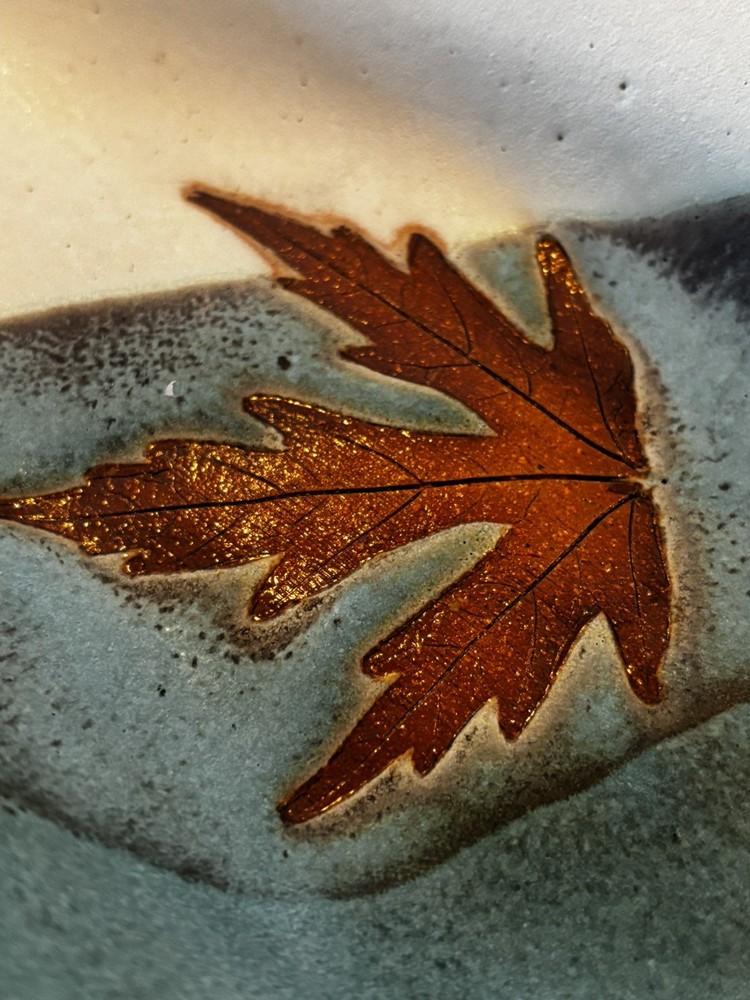 MCM Stoneware Maple Leaf Pottery Serving Candy Handmade Dish Tray SIGNED Blue