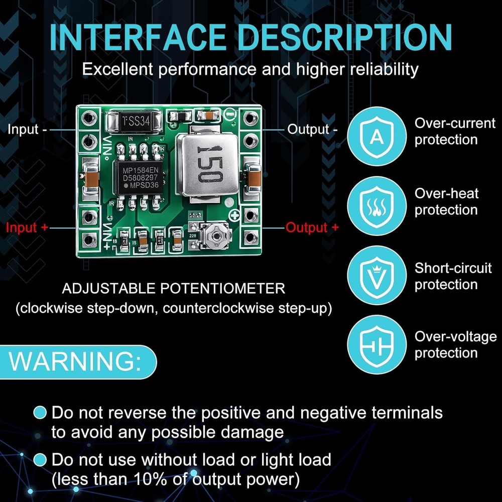 Compact High-Efficiency MP1584EN Buck Converter 0.8V-20V Adjustable Power Module