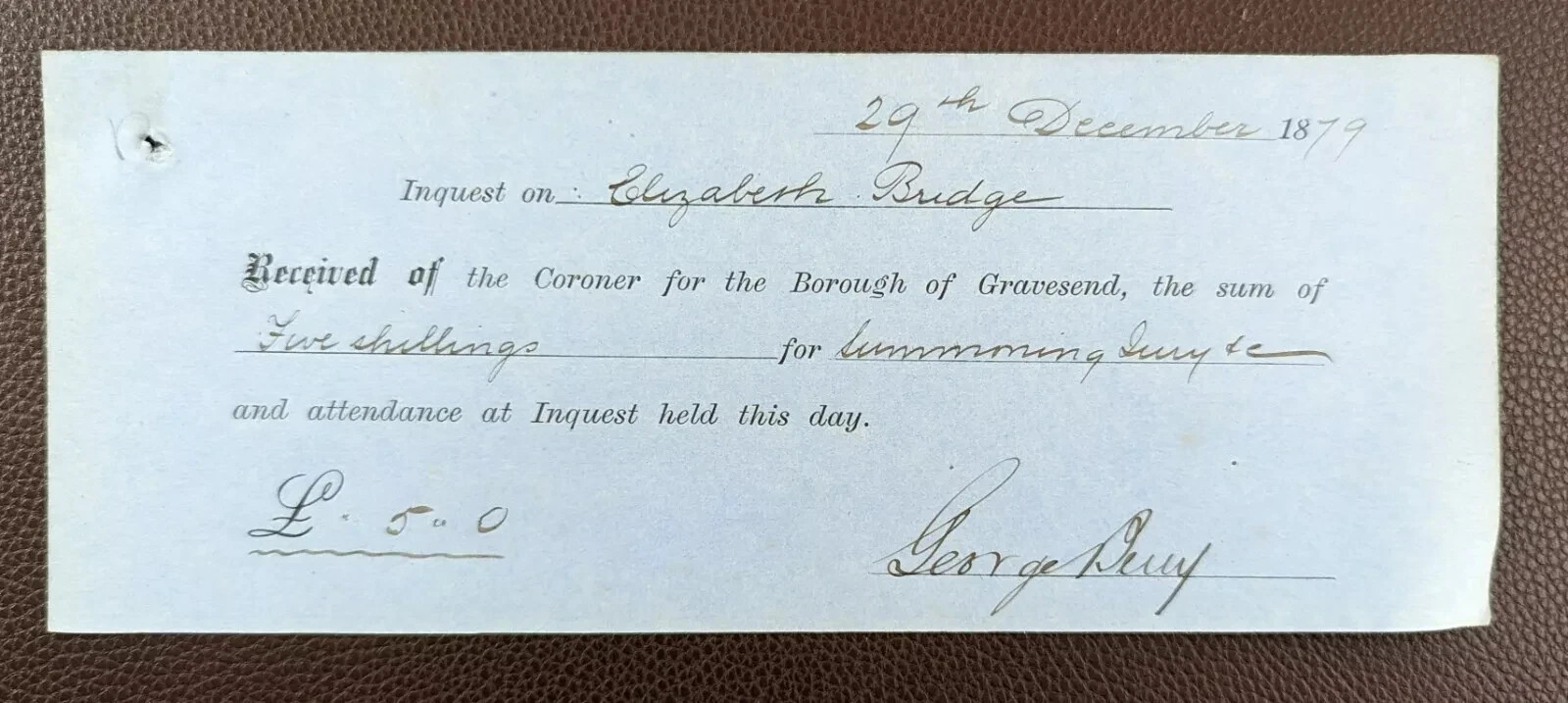 1879 Coroner's Inquest Receipt for Elizabeth Budge Borough of Gravesend