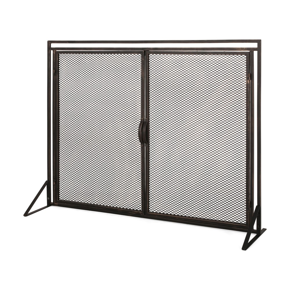 40" Iron Fireplace Screen Matte Black, Modern Single Panel with 2 Access Doors