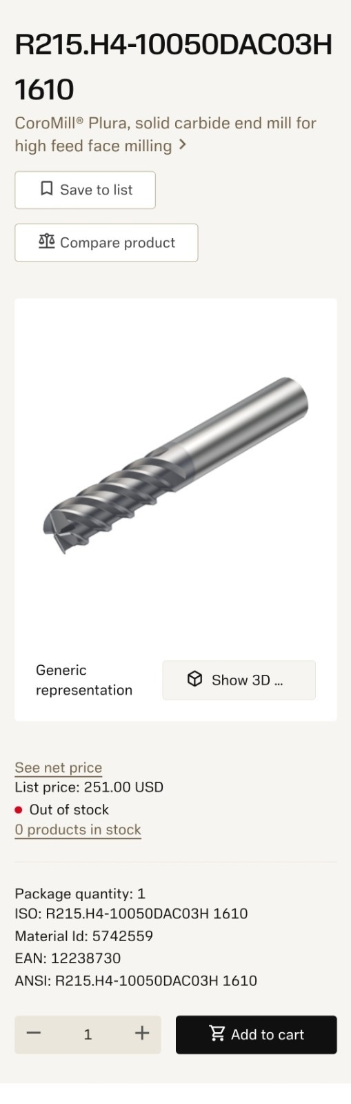 Sandvik R215.H4-10050DAC03H 1610, 25/64" End Mill, 1/16" Corner Rad, Germany, NE