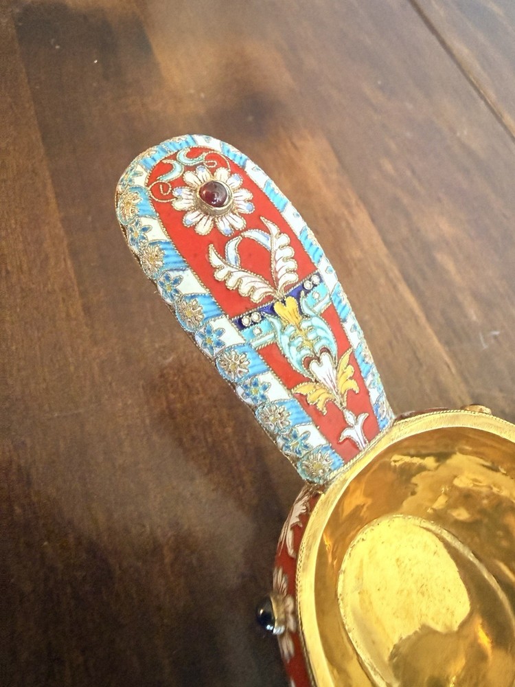 Gilt Solid Silver Cloisonne Enamel Kovsh cup Wine Tester Form Bird Garnet Stons