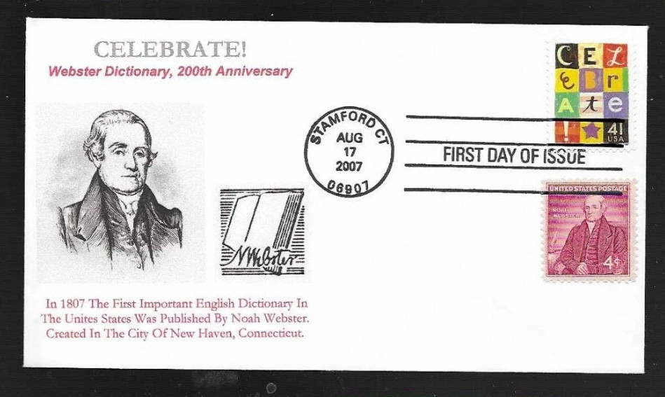 CELEBRATE! WEBSTER DICTIONARY 200TH ANNIV  2007 UNKNOWN CACHET FDC COMBO UNADDR