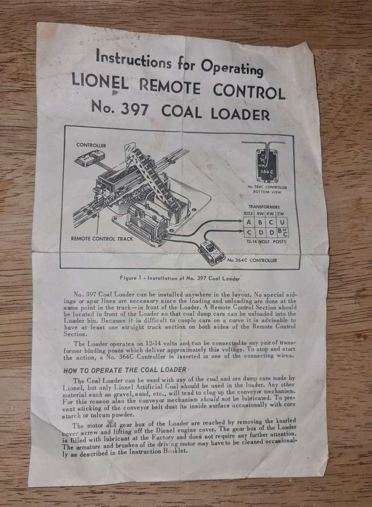 Lionel Remote Control No. 397 Coal Loader Instructions for Operating Original Sh