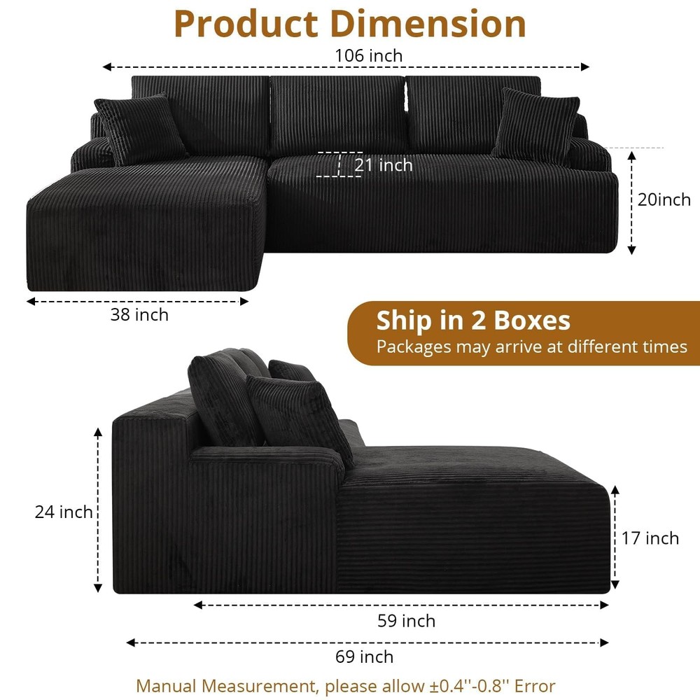 108" Boneless Sofas L-Shaped Corduroy Cloud Couches ComfySectional Compression