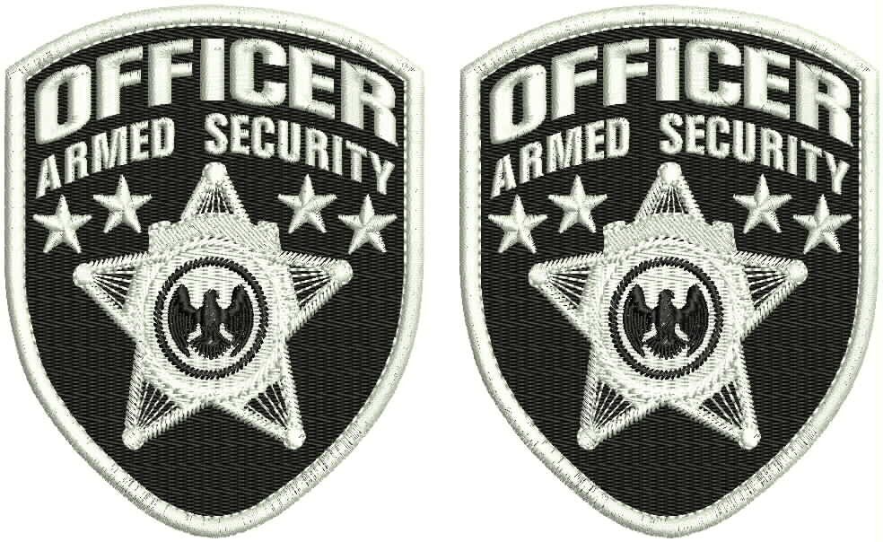 OFFICER ARMED SECURITY 2 EMB PATCH SHOULDER 4.5X3.7 5 HOOK ON BACK WHITE BLACK