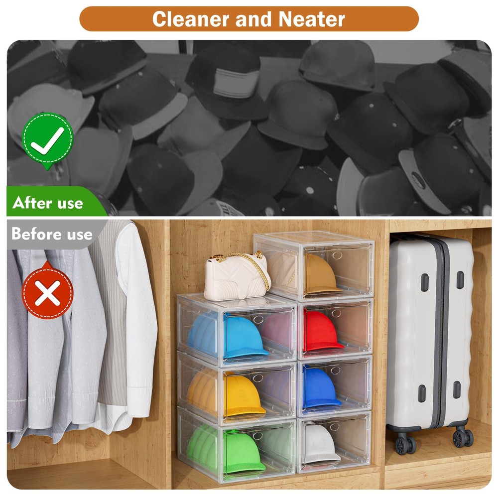 YKLSLH Hat Organizer Box - 6 Pack for 40+ Hats, Harder Plastic, Stackable