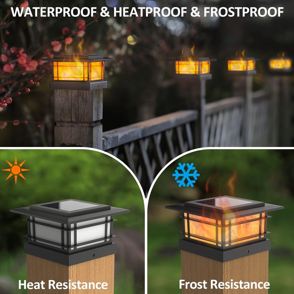 Dynaming 2 Pack Solar Post Cap Lights 2 Flickering Flame Lights, Black