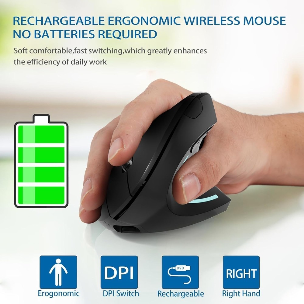 Ergonomic Mouse,Rechargeable Wireless Bluetooth Vertical Mouse,800/1200/1600 DPI