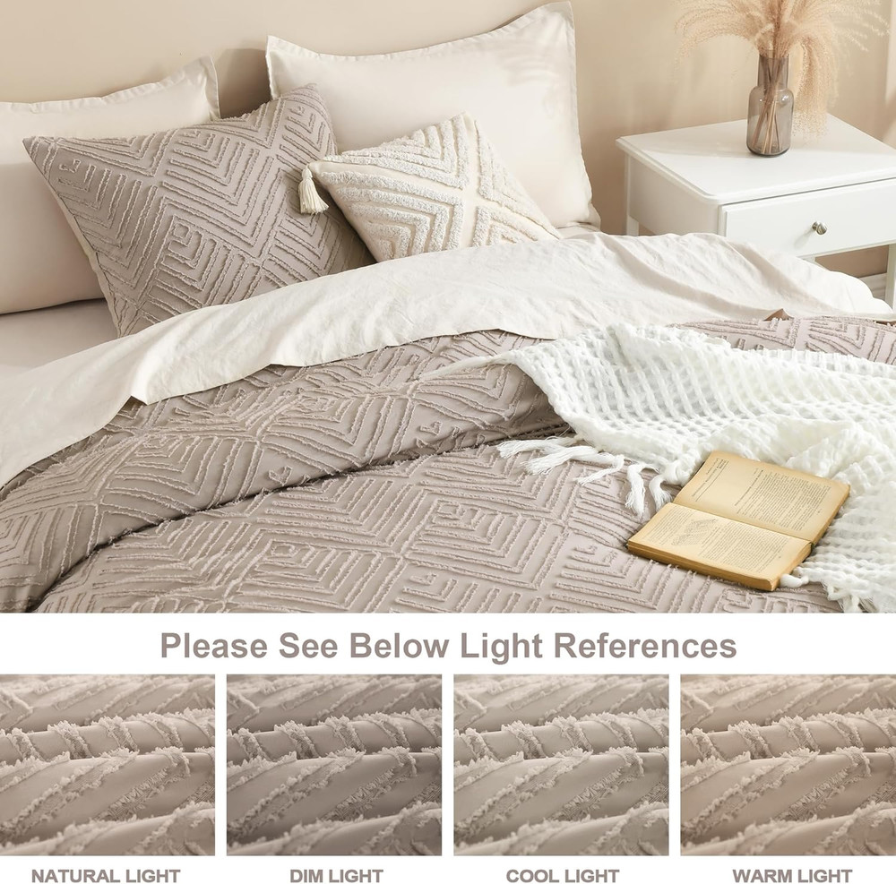 King Size Light Coffee Tufted Boho Comforter Set, 3 Pieces