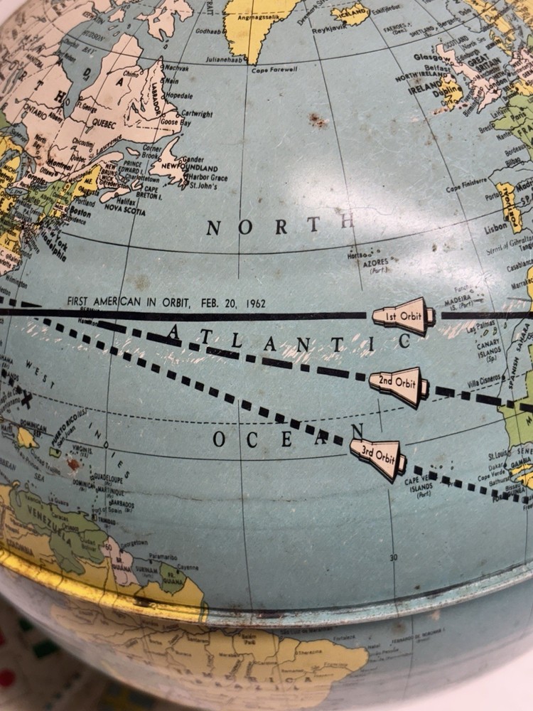 Vintage 9” Tin J Chein & Co Space Flight Countries Flags