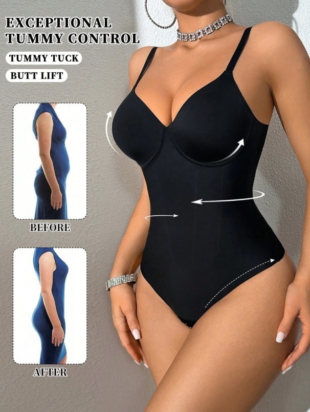 Seamless Double Layer Compression Waist Shaping Bodysuit Black