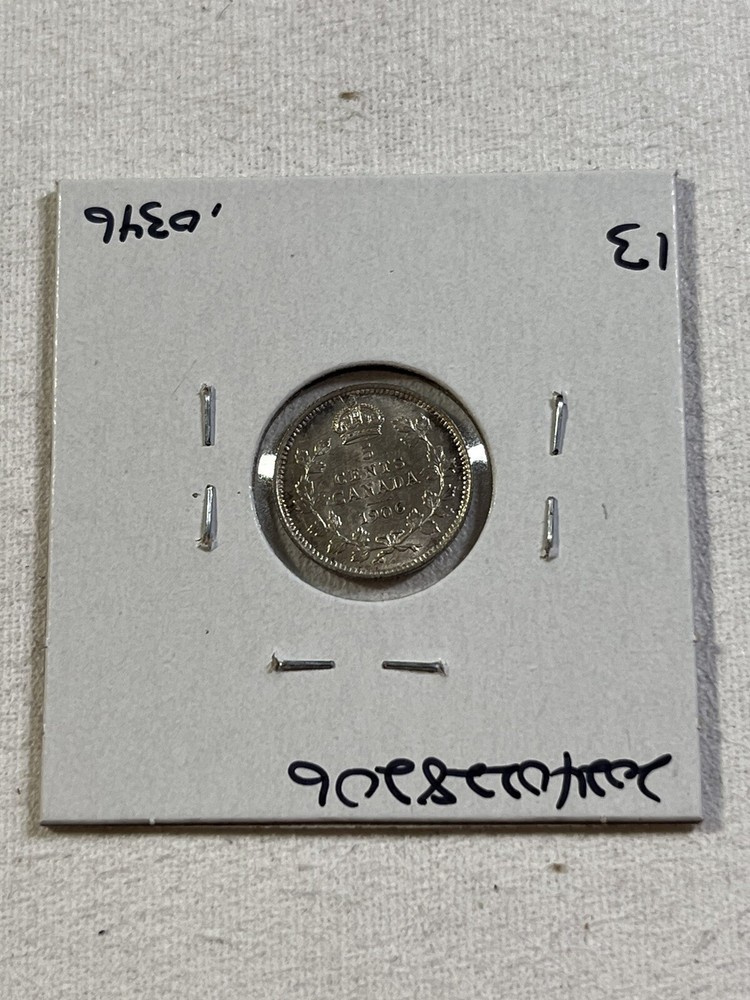 1906 Canada 5 Cents Small Silver Coin Cleaned