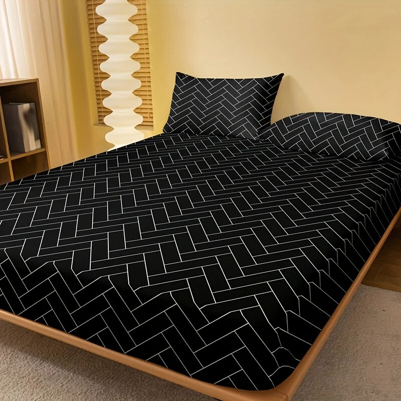 Fitted Sheet Soft Comfortable Geometric Pattern Mattress Cover With Deep Pocket