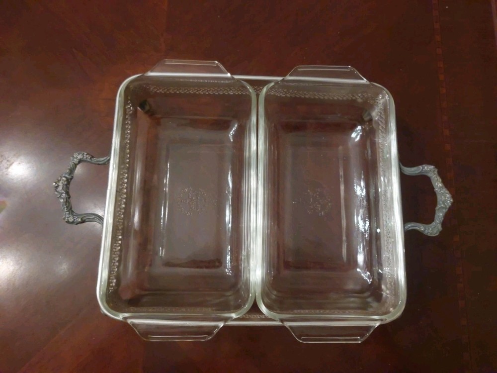 Vintage Silverplate Buffet Server W/Double "FIREKING" Loaf Dishes Ornate Footed