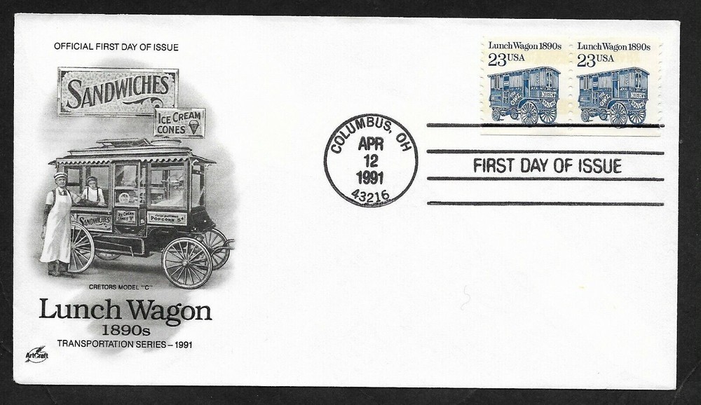 LUNCH WAGON 1890s  TRANSPORTATION COIL  PAIR 1991 ARTCRAFT CACHET FDC UNADDR