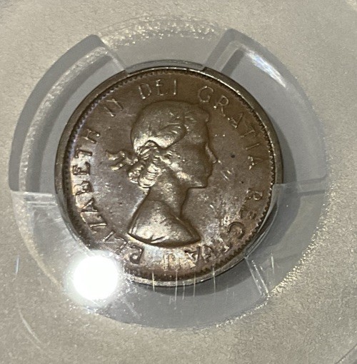 1963 Canada 1 Cent ERROR rotated double struck in collar PCGS MS63BN